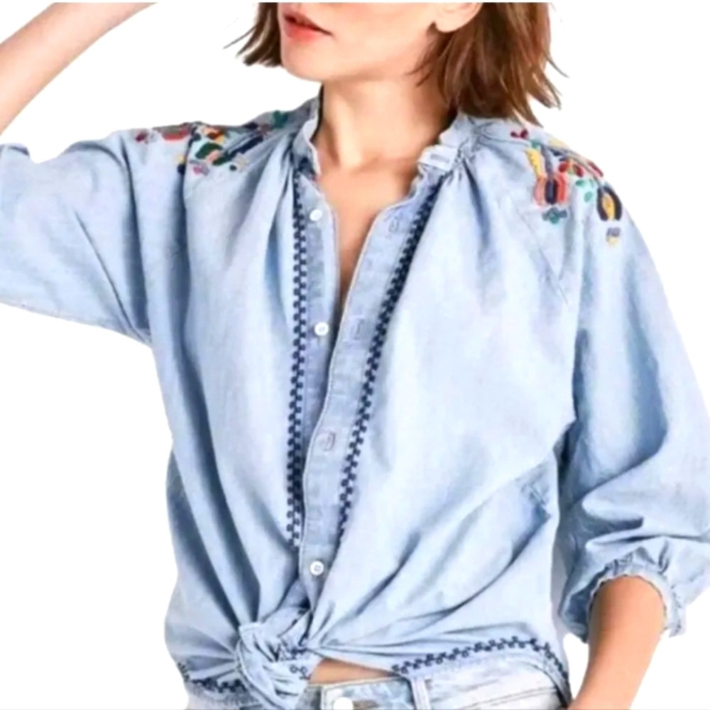 LUCKY BRAND Embroidered Button-up Peasant Top Blouse
